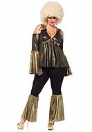 70s disco diva, costume top and pants, bell sleeves, cold shoulder, gold shimmer